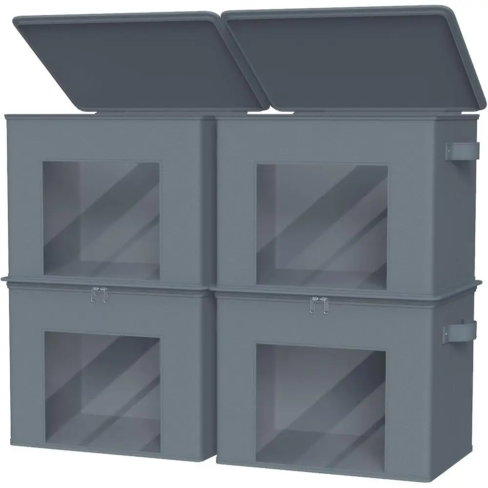 

Тканевые складные коробки для хранения с крышкой, набор из 4 штук, штабелируемые контейнеры для хранения с молнией и прозрачным окном, тканевые контейнеры для шкафа и организации хранения