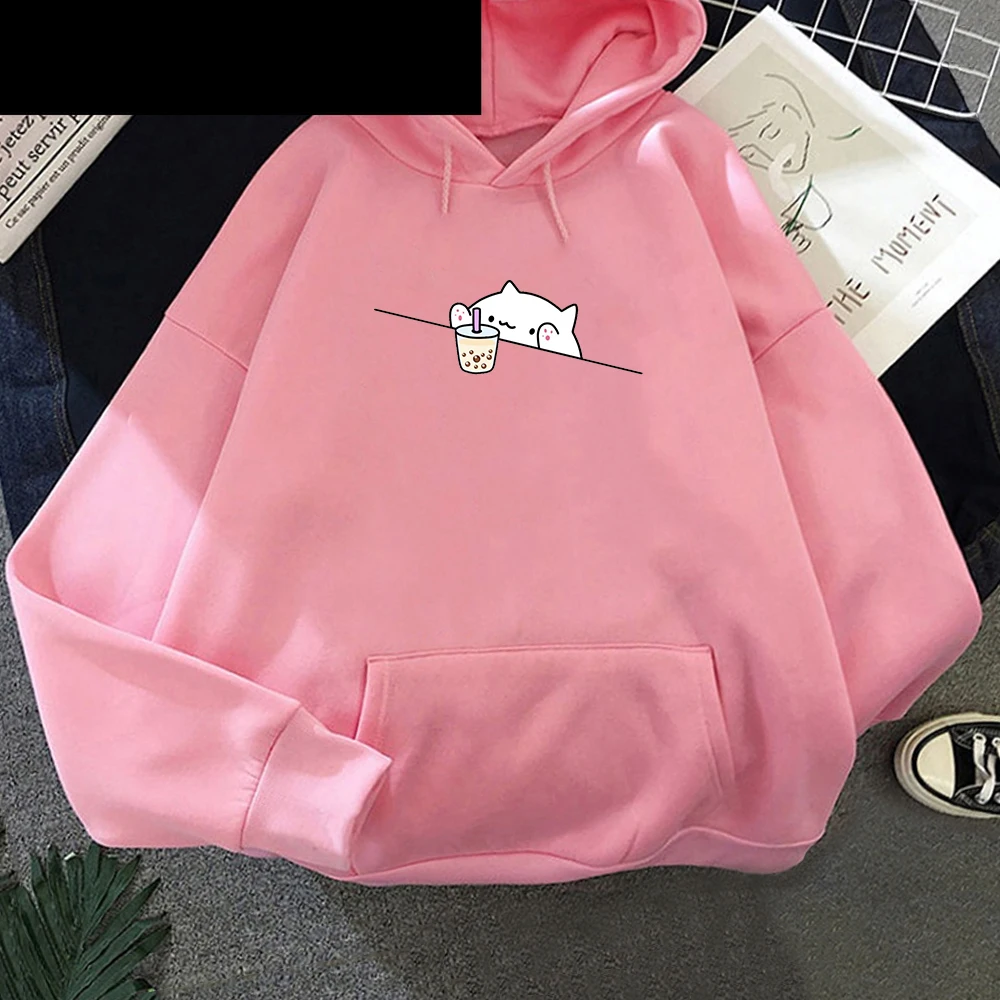

Kawaii Bubble Tea Casual Pullover hoodie women Cartoon Female Hooded Clothes Hoodies Cat Boba Women fleece Sweatshirts