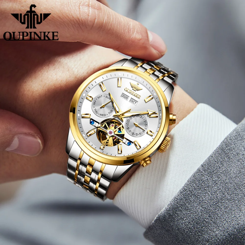 OUPINKE 3296 Mens Watch Flywheel Automatic Mechanical Watch 50M Waterproof Week Date Watches For Man High Quality Luxury Box