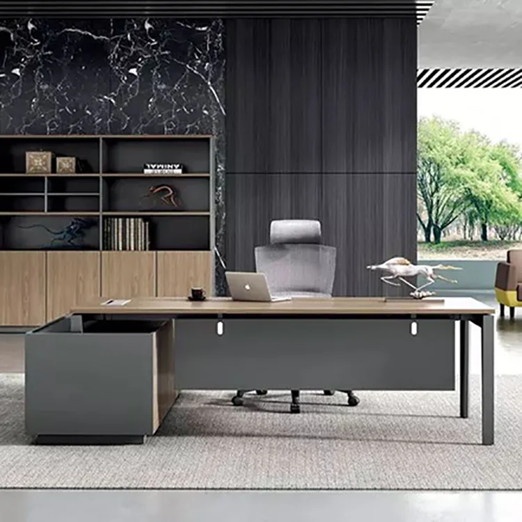 Extendable Modern Executive Office Desk With Bookcase Wooden Computer Office Desk