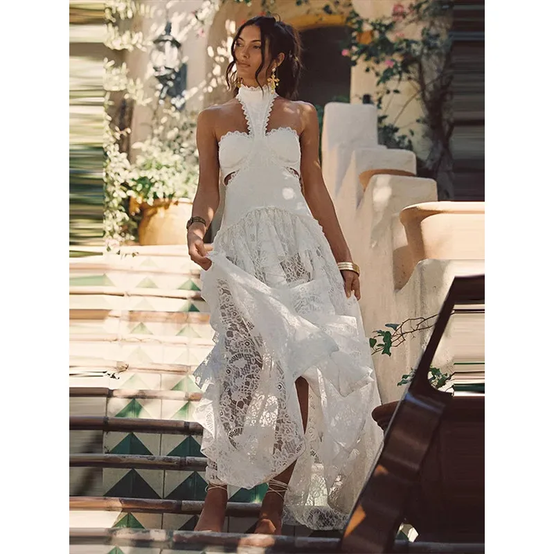 High Neck Cut‑Out Lace Maxi Dress Women Sleeveless Backless Ruffle Tiered Women Vintage Formal Evening Long Gown 260802