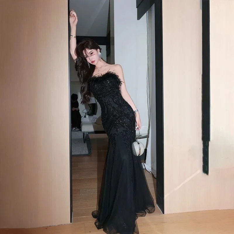 فساتين سهرة نسائية ريترو خفيفة فاخرة من فيستدوس أنيقة بدون حمالات ورقبة ريشة حورية البحر تنورة دانتيل فستان مأدبة