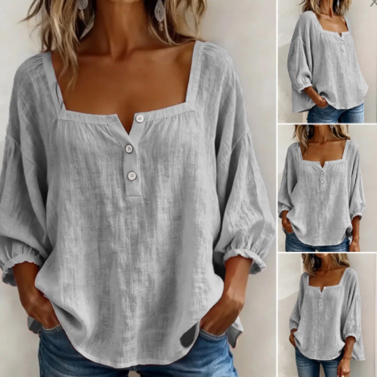 Women's Long-sleeve Blouse Cotton V Neck Loose Fit White Blouse Longsleeve T Shirt Button Front Casual Top Linen Solid Color