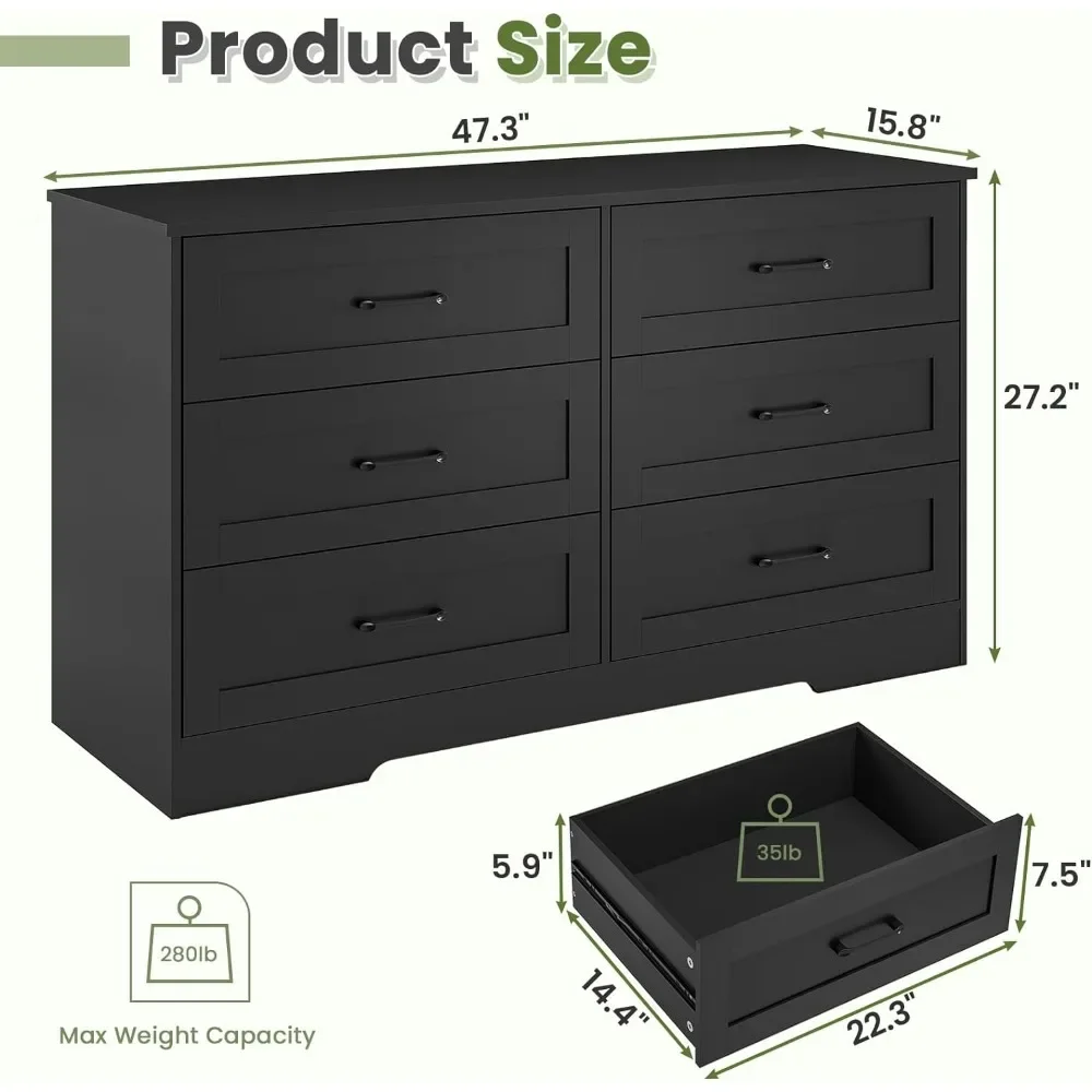 6 Drawers Double Dresser, Wooden Chest of Drawers, Modern Large Capacity Storage Cabinet with Deep Drawers, Black Dresser