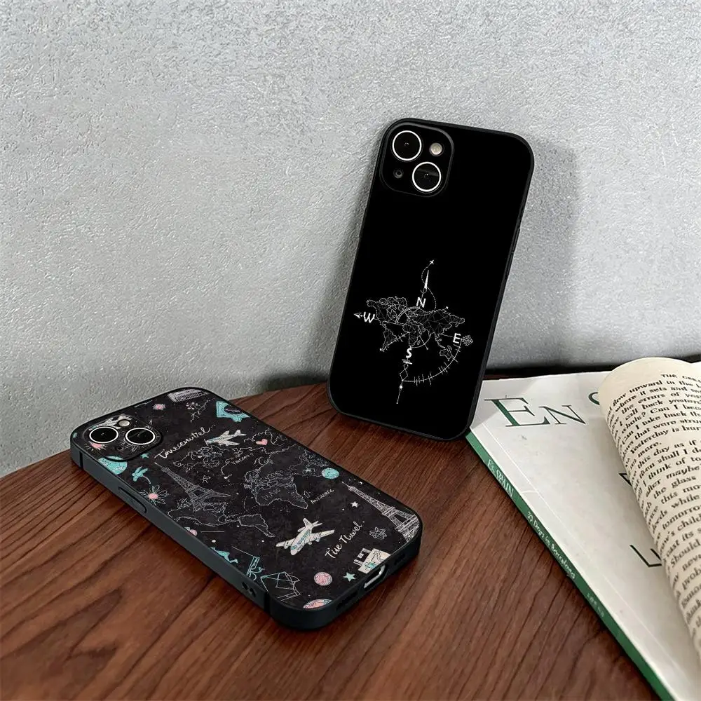 Travel inspired cool pattern Phone Case For iPhone18 17 16 e 15 14 13 12 Plus Pro Max Soft black Shockproof Cover