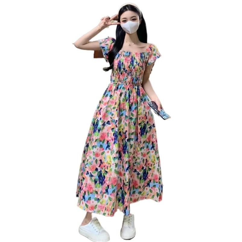 Verano algodón mujeres manga voladora dulce estampado Floral encantador vestido elegante ajustado cuello barco cintura elástica vestido Vintage Vestidos