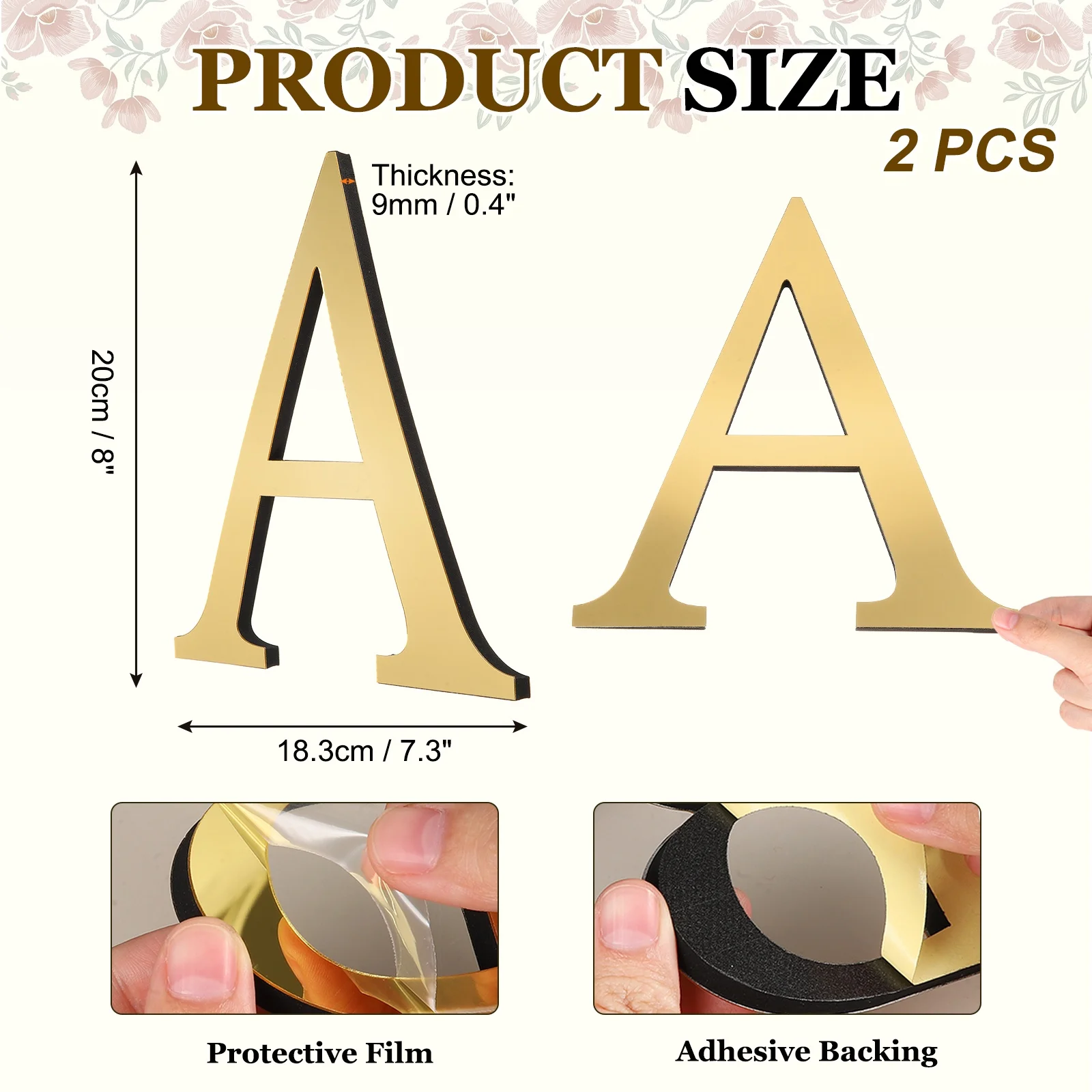 2 Pcs 8 Inch 3D Acrylic Alphabet Mirror Wall Stickers Letter Self-Adhesive Home Decor Letter Sign Art Sticker Decal for Decor