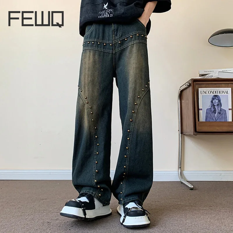 FEWQ American Washed Men's Jeans Loose High Street Straight Casual Pants Trend 2024 Vintage Korea Fashion Wide Leg Trousers