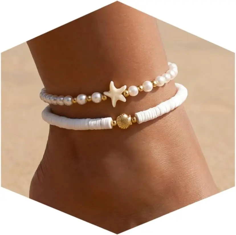 Shell Ankle Bracelets for Women, Boho Anklet with Pearl Beads Starfish Conch Seashell, Summer Beach Hawaiian Foot Jewelry Gift