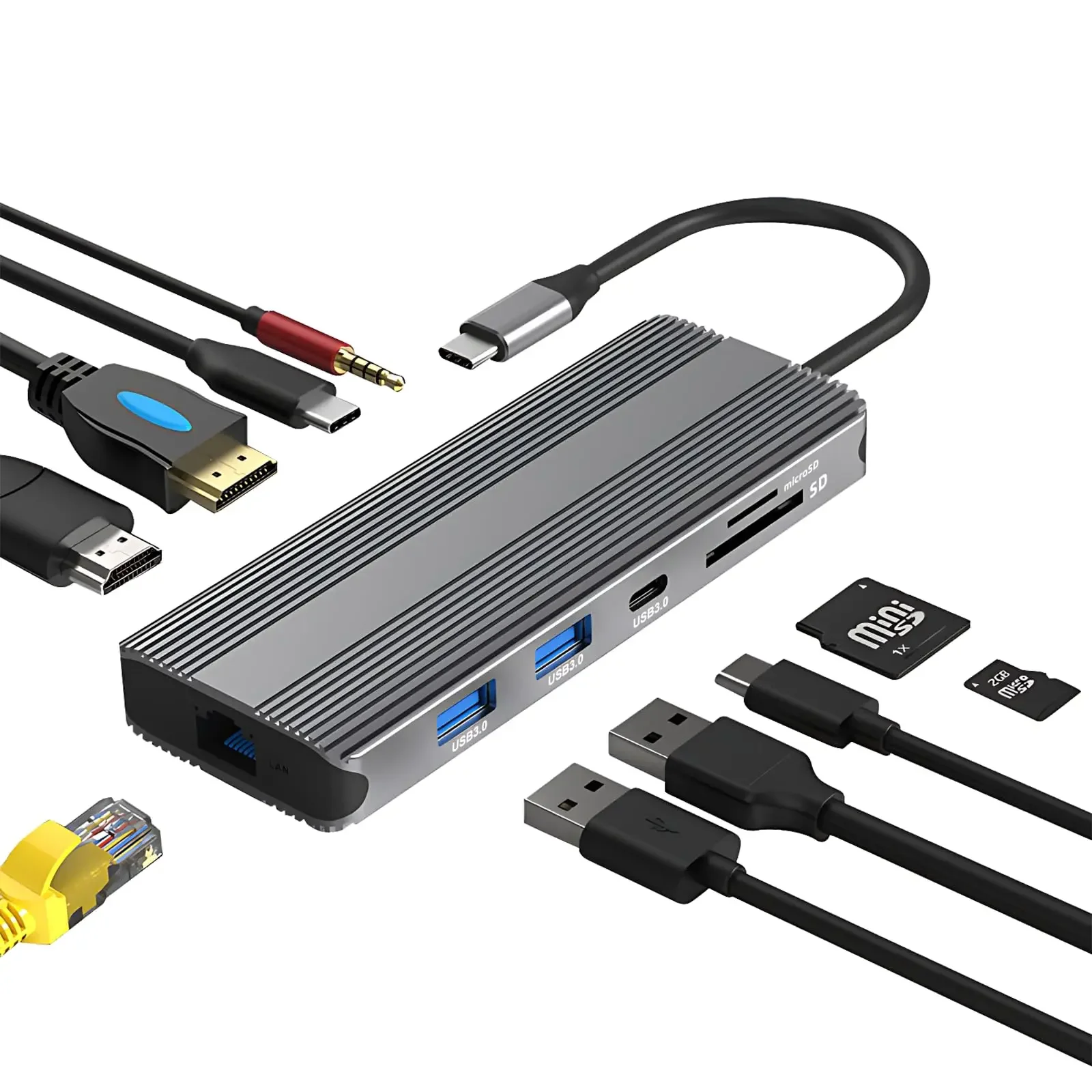 HUB USB-C 10 in 1 con doppio HDMI 8K, USB 3.0 5 Gbps, ricarica PD da 100 W, Gigabit Ethernet, lettore di schede SD/TF, audio