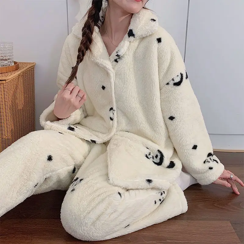 المرجان الصوف المرأة منامة الخريف الشتاء الفانيلا نموذج جديد الحلو فتاة الوجه الدفء Homewear رشاقته بيجامة مجموعة دعوى #4