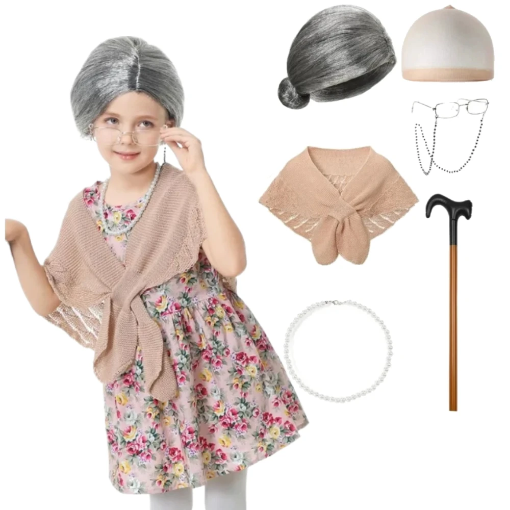 

Old Lady Costume for Kids Girls 100th Day of School Costume with Grandma Glasses Necklace Wig Granny Cane Christmas Dress Up