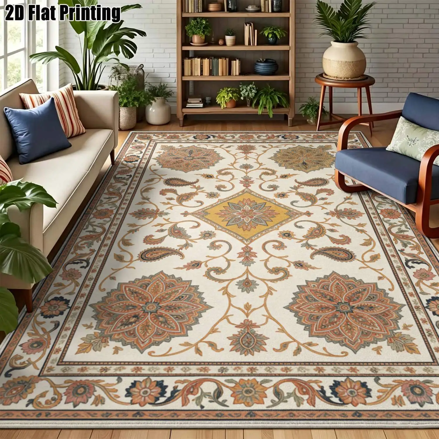 1Pc 2D Printed Beige Retro Floral Pattern Carpet European/Bohemian Style, Machine Washable, Multi-Size Home Decor Rug for Living Room, Bedroom, Dining Room, Entrance, Study.