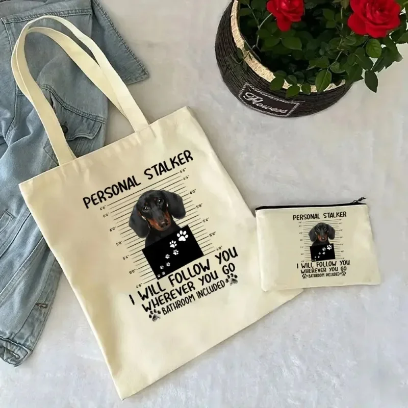 2 Pieces Cute Fun Dachshund Handbag Fashion Canvas Shoulder Ladies Fashion Eco Large Capacity Shopping Bag Cosmetic Bags