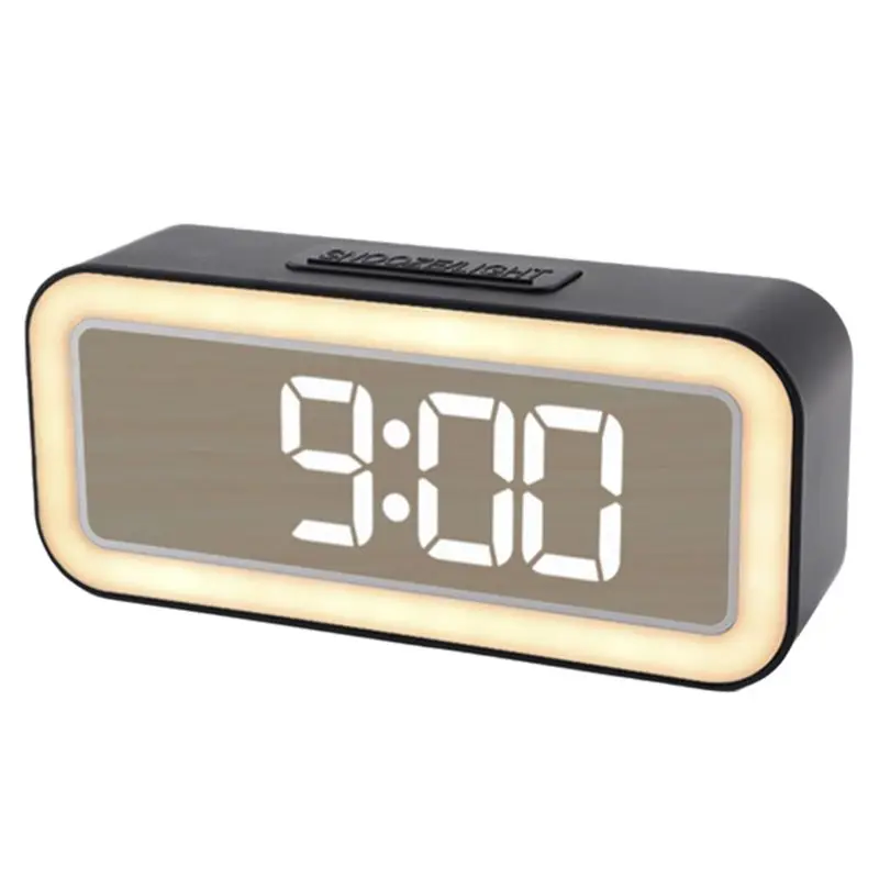 FFYY-Mirror Night Light Alarm Clock Student Loud Volume Bedside Clock Desktop Temperature Clock Simple LED Digital Clock Black