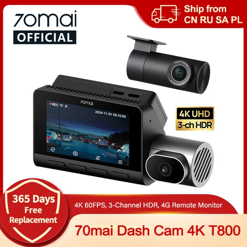70mai T800 3 canales HDR coche DVR delantero 4K + trasero 4K/1080P + Interior 1080P Control de voz supercondensador GPS ADAS soporte 4G Wifi 6