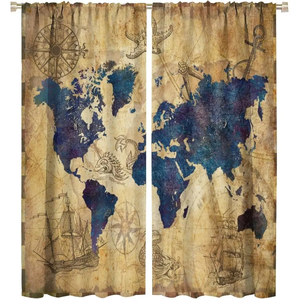Nautical Map Curtains, Vintage Sailboat Compass Window Treatments for Living Room, Kitchen, and Kids' Rooms, 84x84 inches