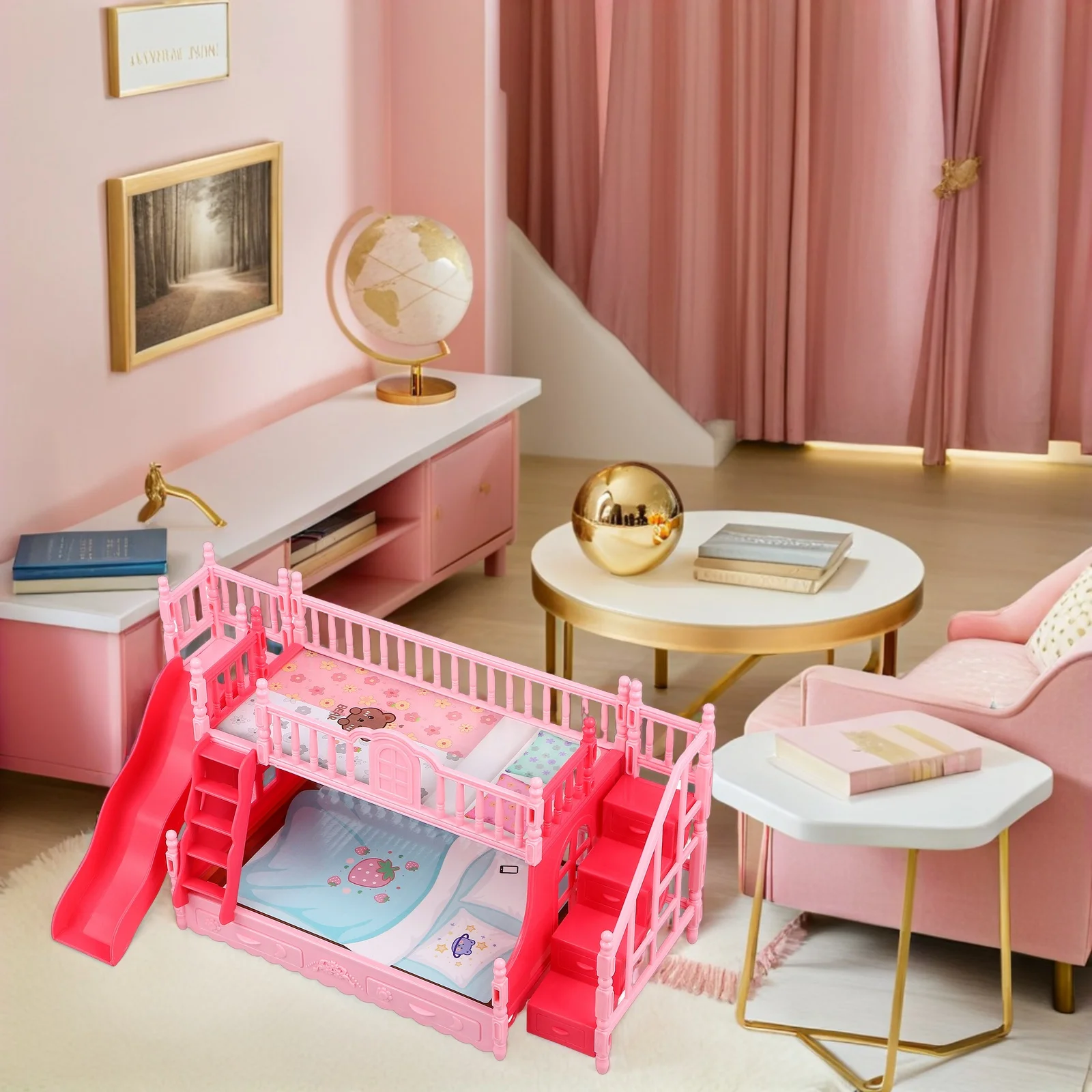 2 pçs crianças casa de bonecas móveis mini beliche para 17cm fingir jogar quarto conjunto acessórios simulação casa realista