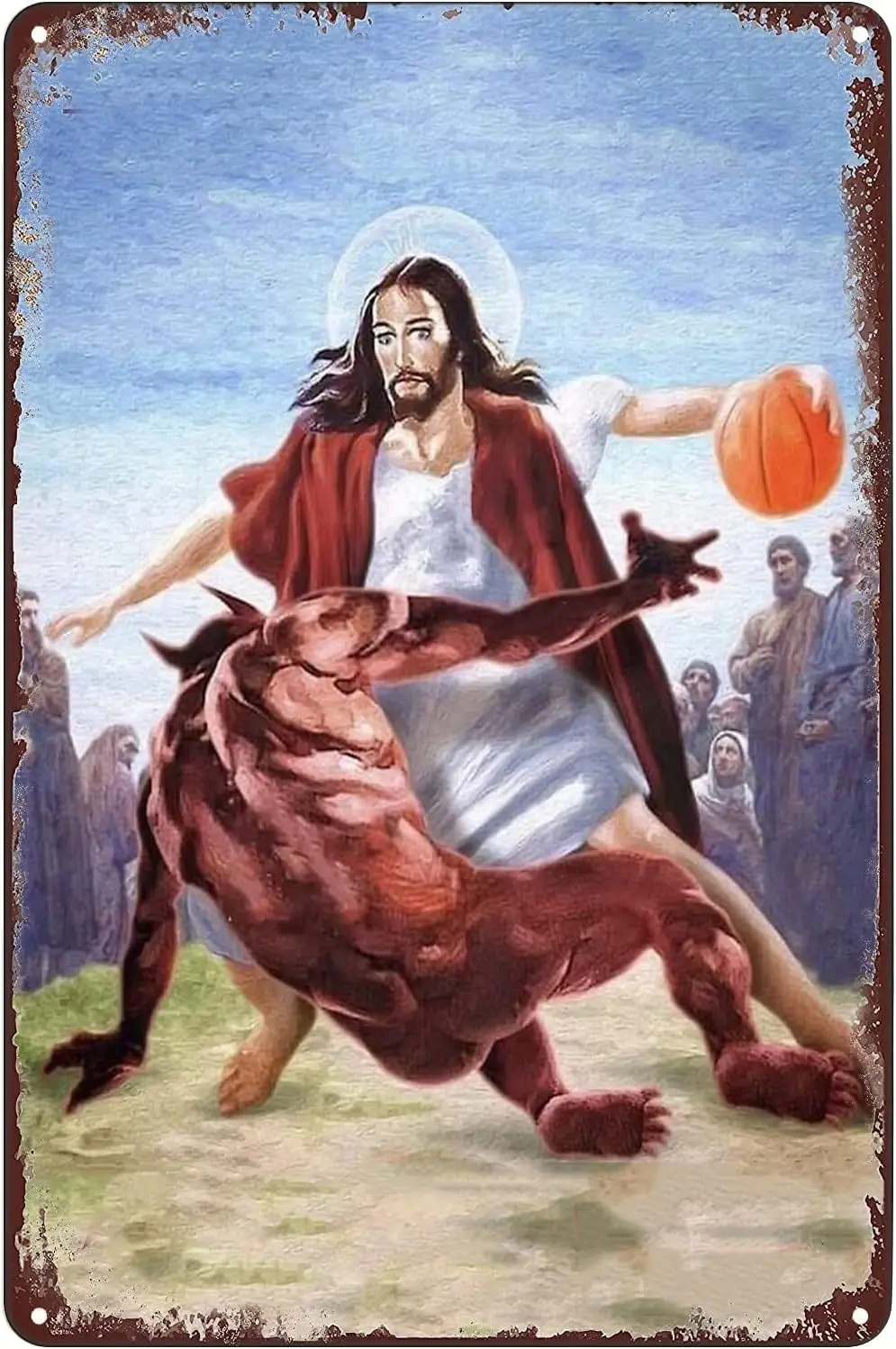 Dazouxu-Vintage Metal Tin Sign - Jesus vs Satan in Basketball Poster Funny Signs Wall Art Decor Plaque for Home Bar Pub Club Caf