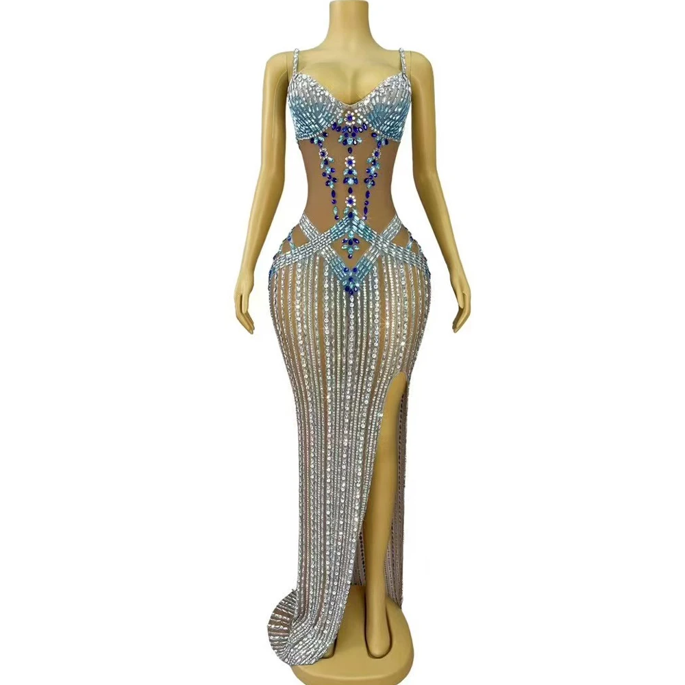 Robe longue à bretelles en maille avec biscuits brillants pour femmes, robe de luxe élégante, fente haute, robe de Rh, tapis rouge, séance photo, quoi que ce soit