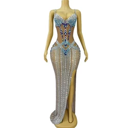Luxury Elegant Shining Rhinestones Gown Suspenders Mesh High Split Long Dress Women Evening Prom Red Carpet Photoshoot Gowns