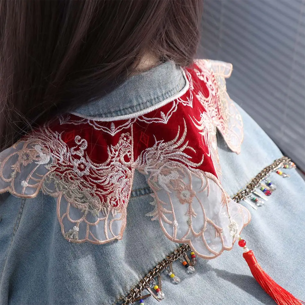 Retro Chinese Style Hanfu Collar Detachable Pearls Hanfu Shoulder Collar Embroidered Tassels Cheongsam Shawl for Women/Girls