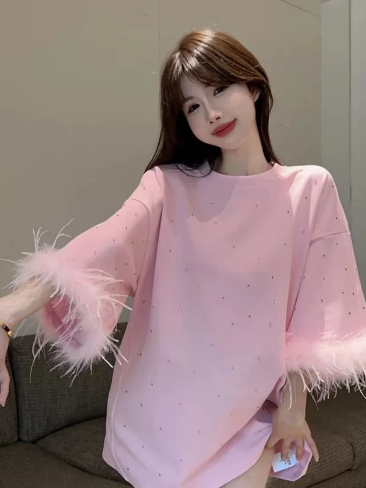 

Heavy-Embroidery Mid-Length Women's T-irt Diamond-Embedded Feather Large Size 300 Pou Autumn Winter New Sle Luxury Lig...