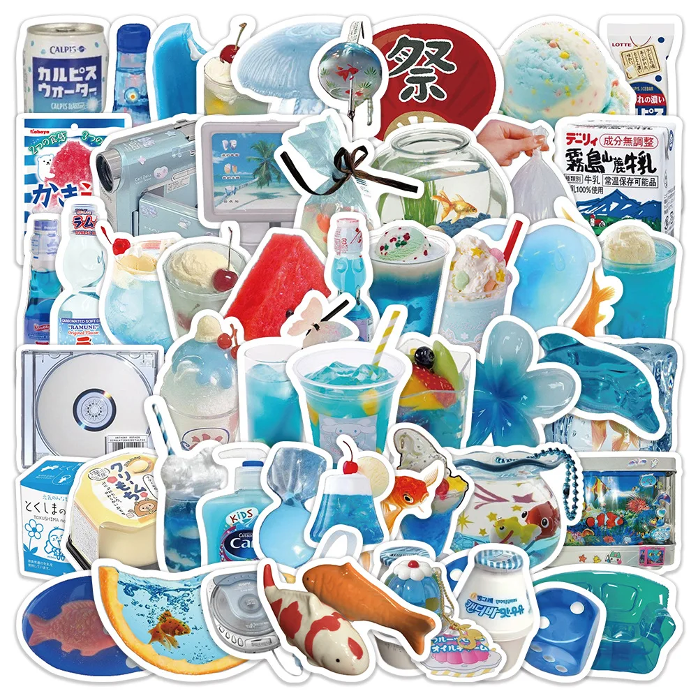 

50PCS Japanese Summer Style Blue Series Drink Cartoon Decorative Laptop Guitar Water Cup iPad Waterproof Sticker Kids Toy