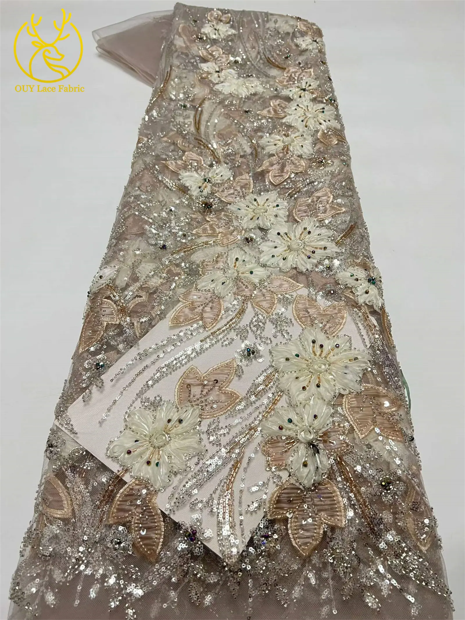 2026 Luxuriöser französischer Tüll-Mesh-Pailletten-Spitzenstoff, hochwertiger Kaffeebrauner afrikanischer 3D-Spitzenstoff für nigerianische Hochzeits- und Partykleider – Detail 19