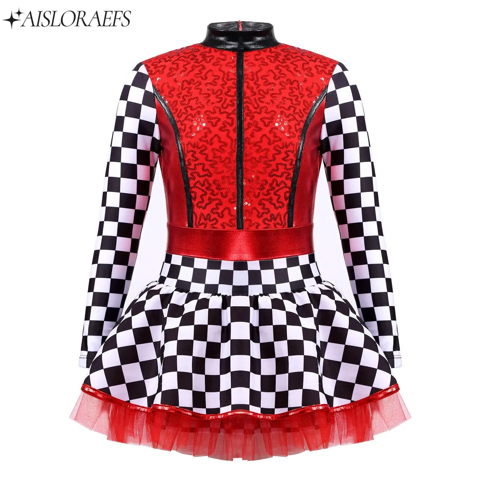 

Girls Halloween Racer Racing Driver Cosplay Costumes Checkerboard Long Sleeve Shiny Jumpsuit Carnival Dress Up Stage Costumes