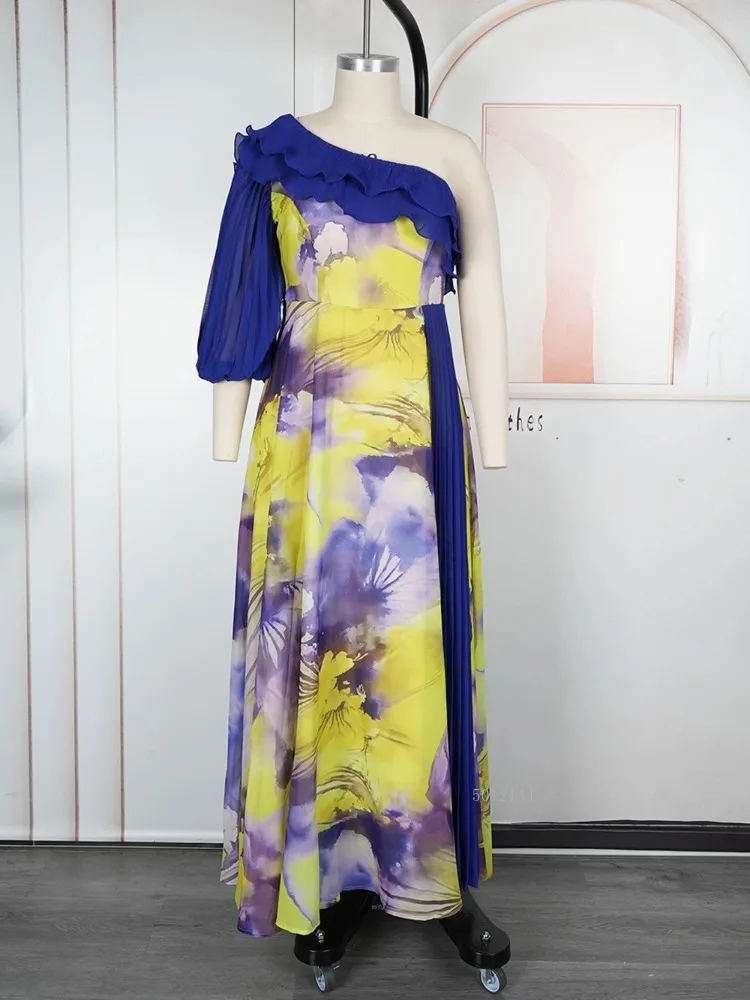 Szyfonowe Długie Sukienki Damskie na Imprezę Bal Urodziny Wieczorowe Suknie Afrykańskie Dashiki Wzorzyste Stroje Sukienka Maxi na Jedno Ramię Odzież