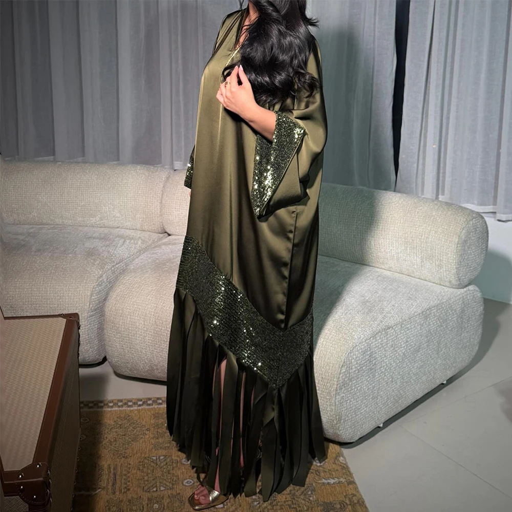

Sexy Tassel Evening Dress Exquisite Crystal Long Sleeves Customized Bridal Party Delicate Green Satin Bespoke Occasion Gown