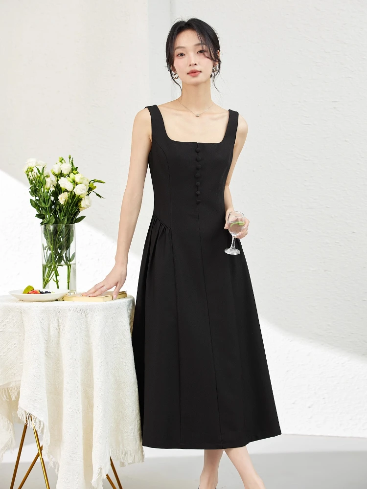 VIMLY Black French Square Neck Suspender Dress 2025 Woman Autumn Sleeveless Waist Vest Buttons Waist Long Ladies Dress A1709