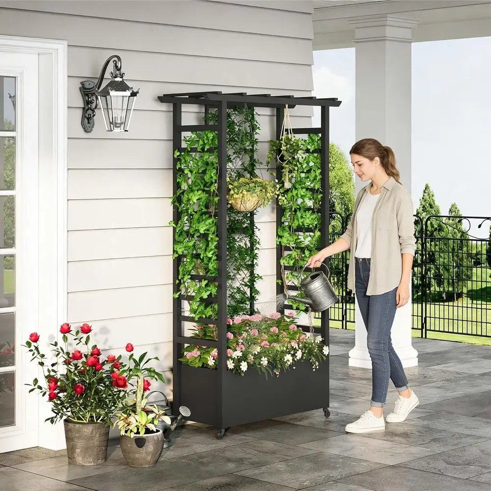 Elevated Garden Bed with Trellis and Hanging Baskets, Metal Planter Box on Wheels, Outdoor Climbing Plant Support, 74 H x 44 L x view 2