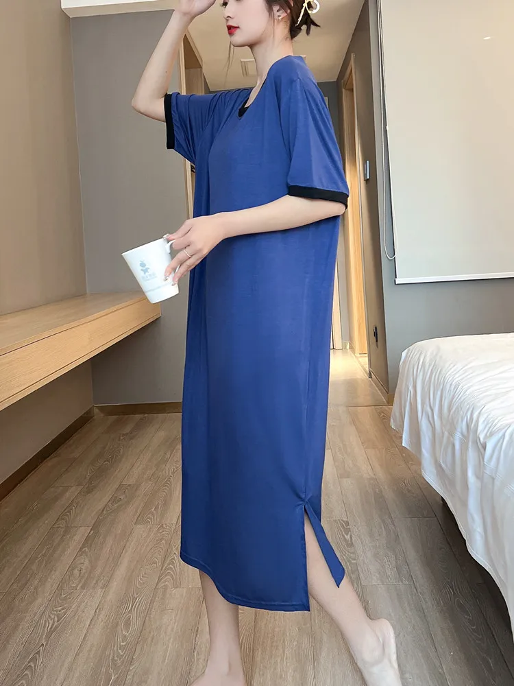 Women's Modal Short Sleeve Dress Summer Thin Loose Versatile Home Clothes Sleepwear plus Size Outerwear Base Long Dress