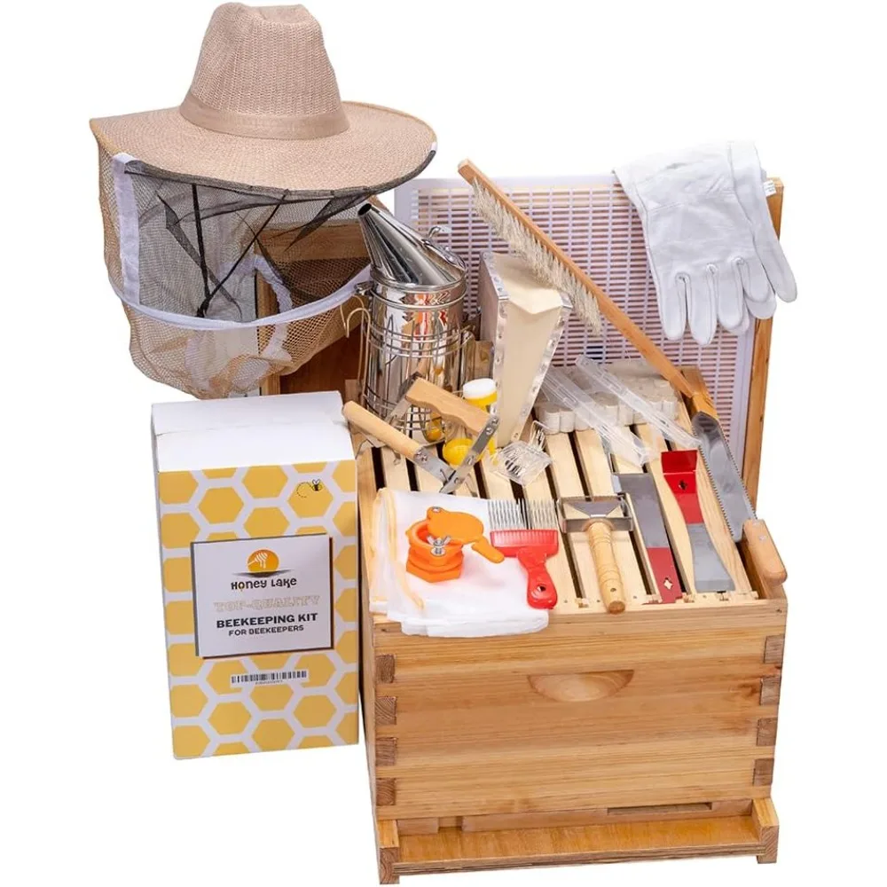 

Honey Lake 10 Frame Beehive Starter Kit and Beekeeping Supplies Tool Kit, Beeswax Coated Assembled Deep Bee Box, Bee Hive Starte