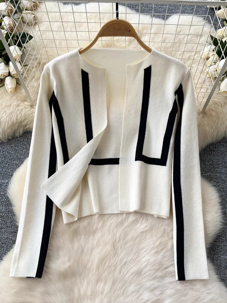 Autumn Winter Elegant Contrast Knitt 2 Piece Set Women Colorblock Cardigan Sweater+Sleeveless Vest Knit Dress Gentle Chic Suits