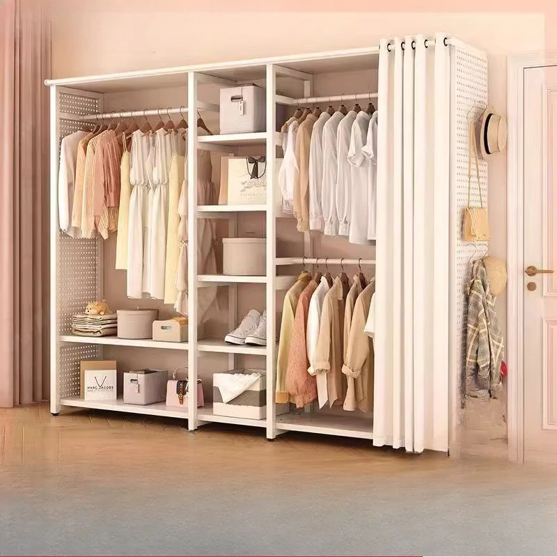 Internet celebrity hole board simple wardrobe household bedroom metal shelf wrought iron open wardrobe with dust curtain