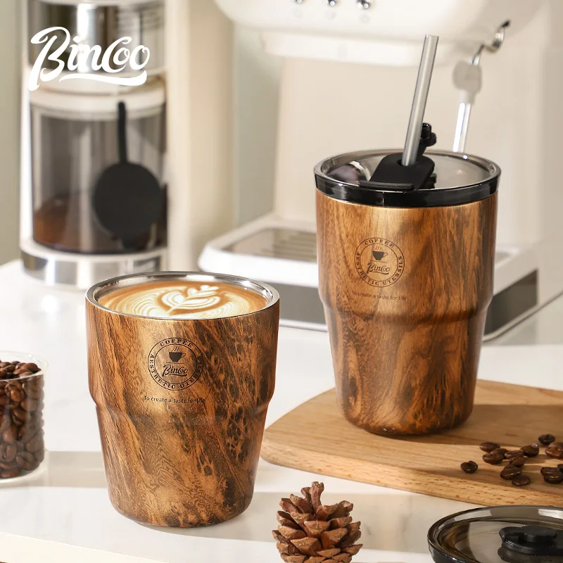 BINCOO-Stainless Steel Thermal Flask, Insulated Coffee Cup, Thermal Water Mug, Wooden Color, Bottle with Straw, 480ml, 580ml