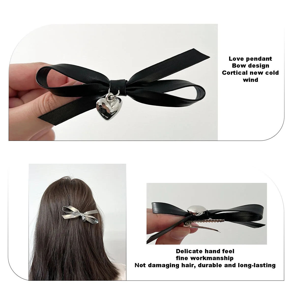 Broken Hair Side Hair Clip Hair Accessory Sweet Cool Leather Heart Pendant Bow Duckbill Clip Hairpin Bobby Pin