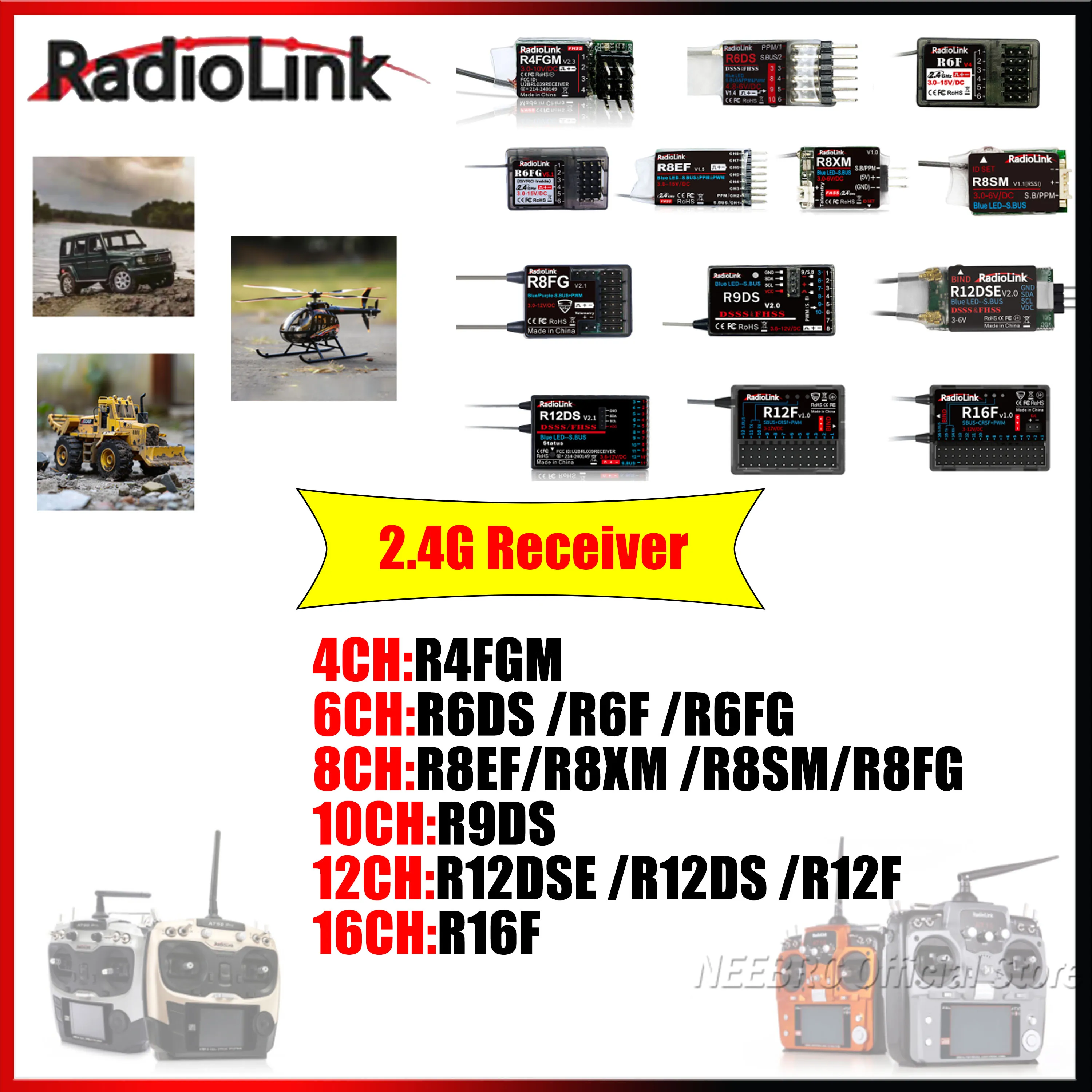 

Radiolink 4/6/8/10/12/16CH R4FGM R6DS R6FG R6F R8EF R8XM R8SM R8FG R9DS R12DS R12DSE R12F R16F Receiver 2.4G for RC Car Plane