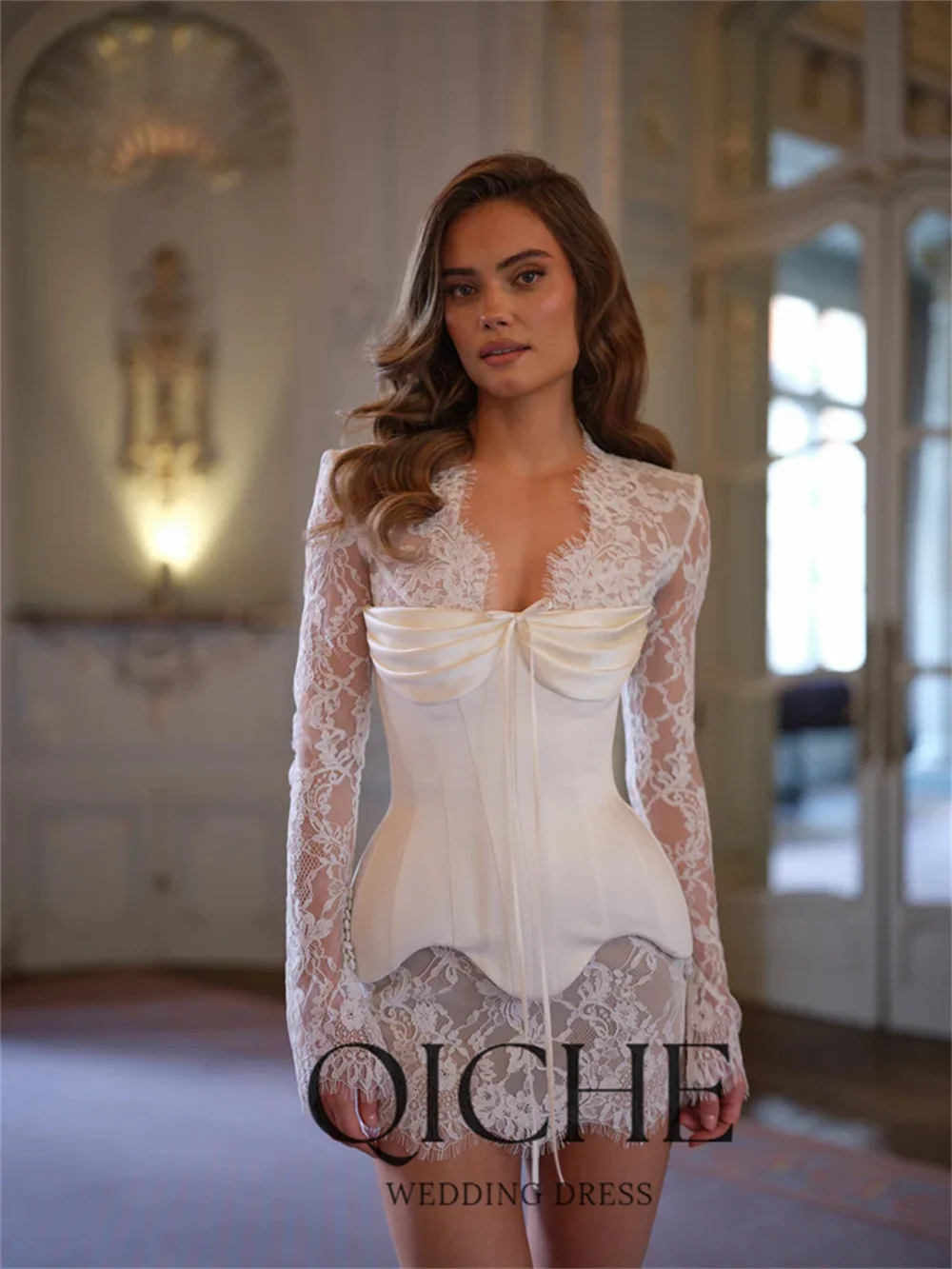 knee length sheath wedding dress QICHE Modern Lace Short 2026 Long Sleeves V-NeckAbove-Knee Bridal Party Gown Vestidos De Noiva Customized MA298