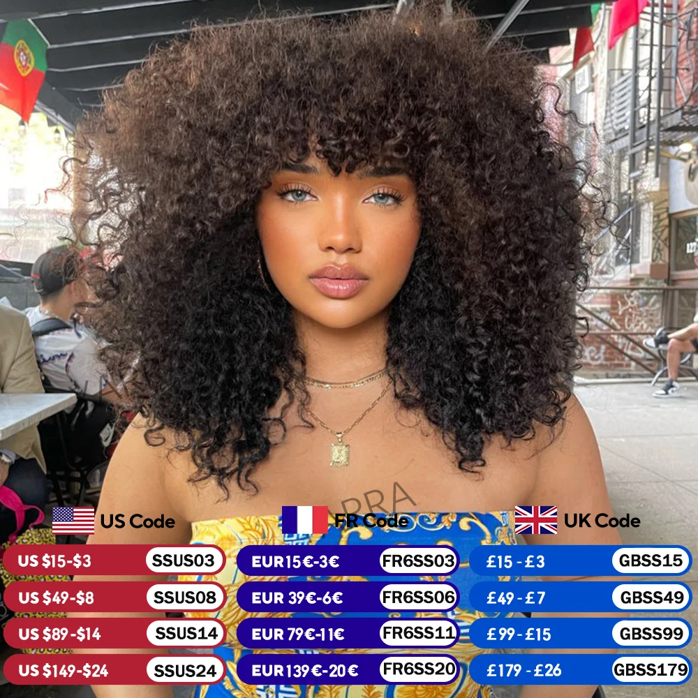 

Afro Kinky Curly Human Hair Wigs With Bangs For Black Women 250% Density Brazilian 100% Human Hair Remy Full Machine Made Hair
