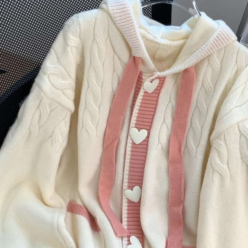 DAYIFUN-Cardigan à Capuche Fileté pour Femme, Pull Beige, Décontracté, Manches sulf, lèvent en Forme de Cœur