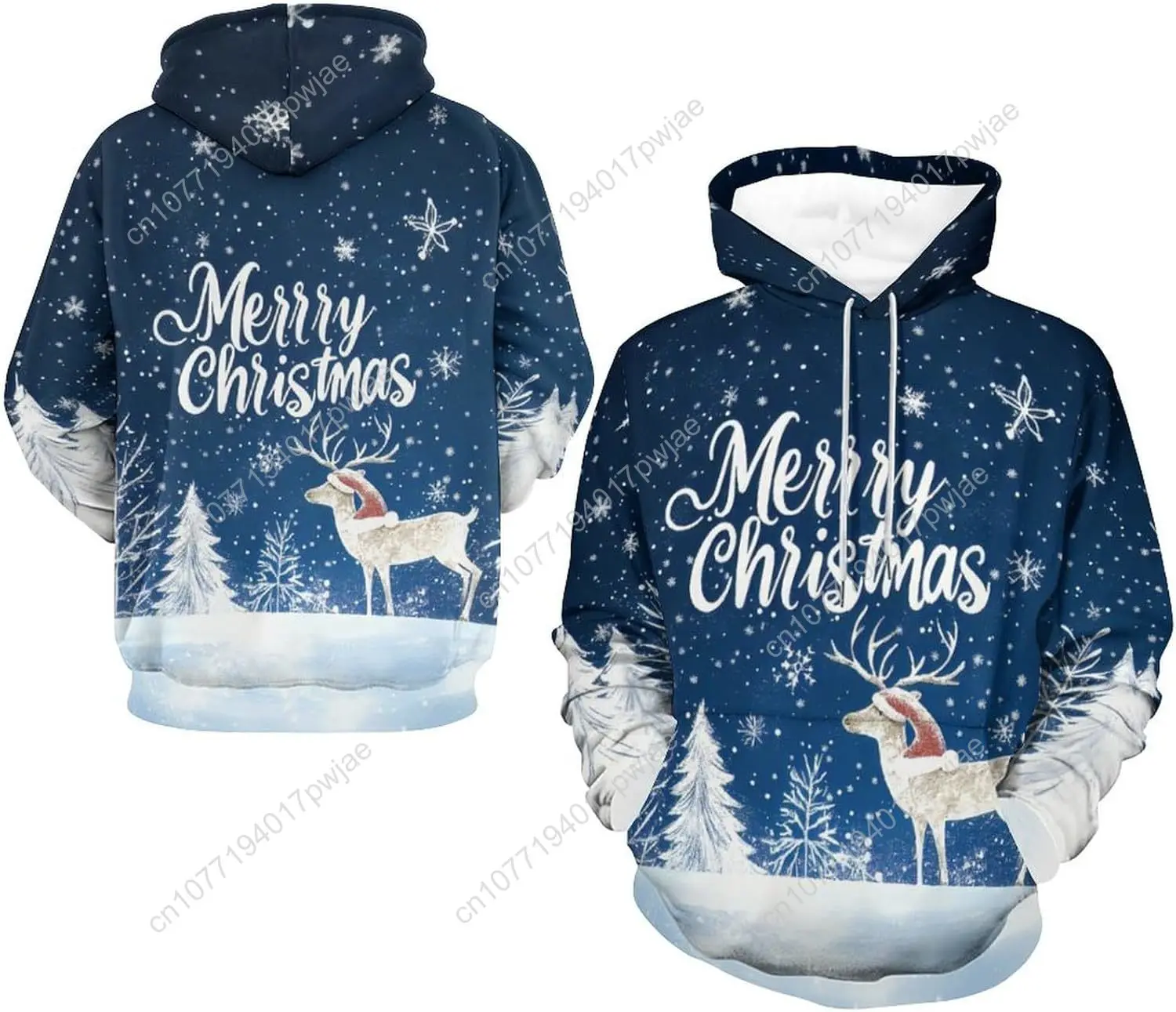 هوديس عيد الميلاد للجنسين بلوفرات بغطاء للرأس برسومات واقعية مع جيوب