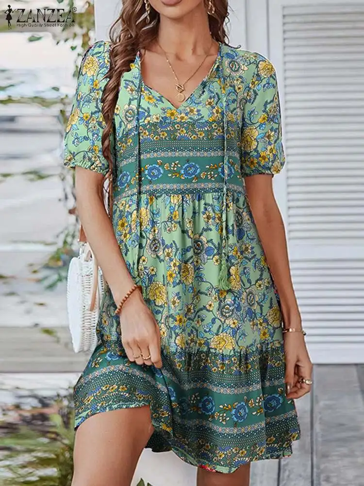 2024 Zanzea Sommer Vintage Blumen druck knielanges Kleid Frauen Bohemian Urlaub Sommerkleid Kurzarm Strand Vestido Robe Femme