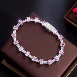 ThreeGraces Elegant Pink Cubic Zirconia Geometric Rectangle CZ Link Chain Bracelet for Women Brazilia Trend Party Jewelry BR208