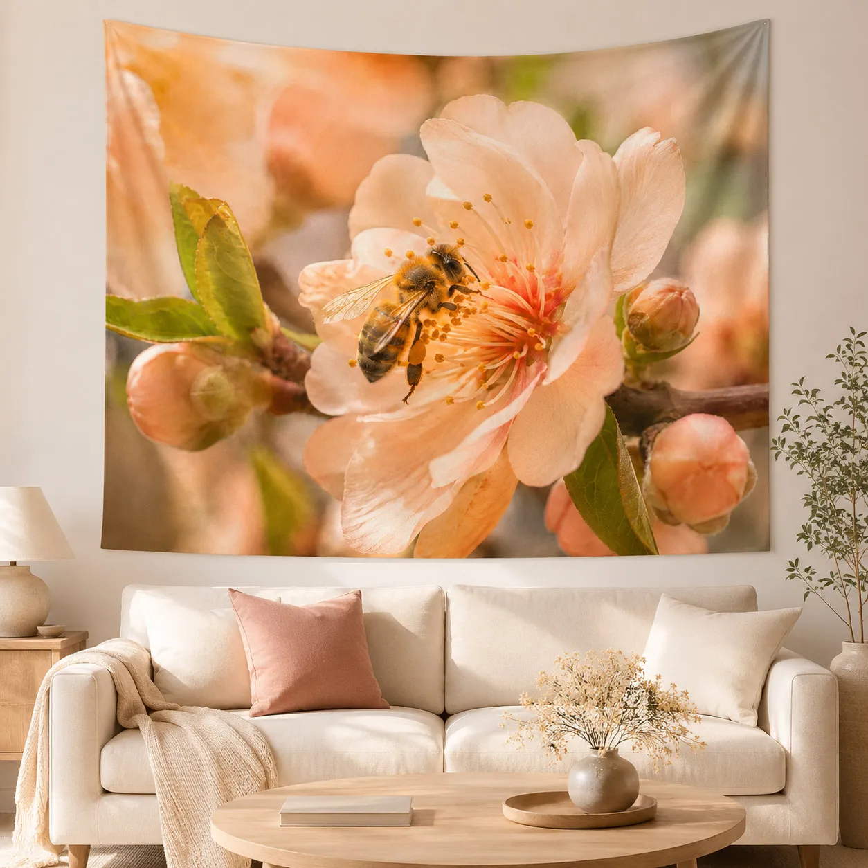 Cozy Floral Tapestry Wall Art Honeybee Flower Woven Blanket Warm Spring Landscape Room Decoration Aesthetic Backdrop Cloth