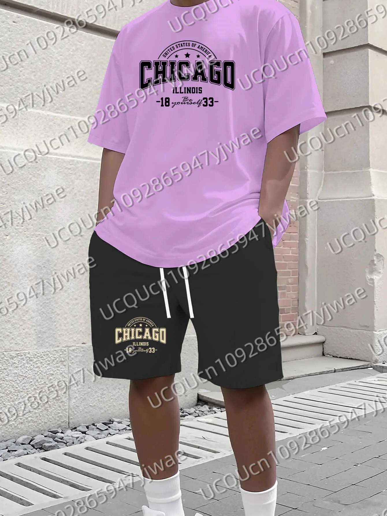 

Men's Chicago Print Short Sleeve T-Shirt & Shorts Set Round Neck Gradient Short Sleeved Women's T-shirt Shorts Set