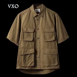 5/4 Sleeve Work Shirt American-Style Elastic Cargo Short-Sleeved Retro Outdoor Multi-Pocket Shirt Four Pocket Shirts Asia Size